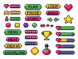 Pixel game buttons. Games UI, gaming controller arrows and 8 bit pixels button vector set © Tartila