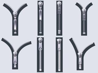 Open and closed zipper. Metal zip pulls, fabric unzip clasp and cloth zippers isolated realistic vector set © Tartila