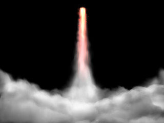 Space rocket takeoff track. Spaceship fly rockets launch smoke cloud isolated realistic vector illustration