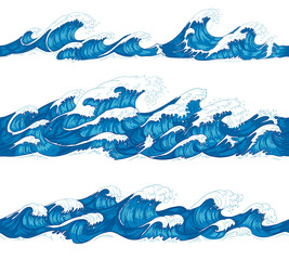 Seamless ocean waves. Sea surf, decorative surfing wave and water pattern hand drawn sketch vector illustration set - obrazy, fototapety, plakaty