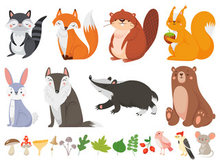 Grappige houten dieren. Wild bos dier, gelukkig bos vos en schattige eekhoorn vector cartoon afbeelding set