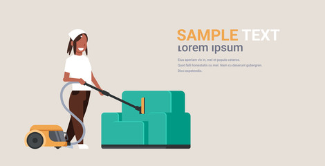 housewife cleaning armchair with vacuum cleaner african american girl doing housework concept female cartoon character full length horizontal copy space