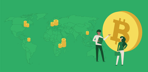 Flat cartoon images with royalty coins, bitcoin isolated, people analytics and world map. All countries are selectable. On green background. Vector illustration.