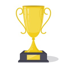 Golden trophy cup. Shiny gold winner cup. Champions infographic element. Winner, champion, leader symbol. Template design for web or mobile appm education, academics and science.