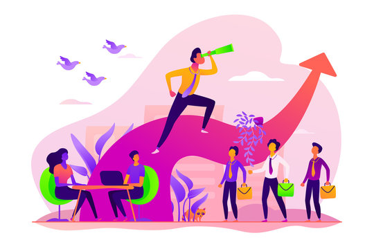 Business leadership, managing skills, leadership training plan and success achievement concept. Vector isolated concept illustration with tiny people and floral elements. Hero image for website.