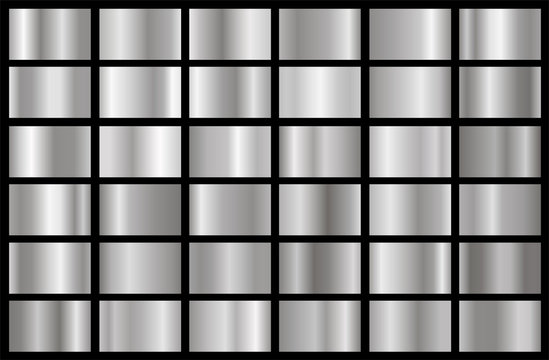 Realistic Silver Gradient Texture Pack. Shiny Metal Foil Gradient Set. Vector Illustration