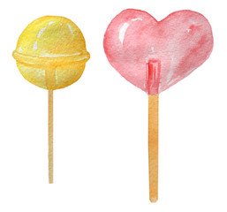 lollipops, round candy and heart-shaped. watercolor illustration for design menus, cards, posters.