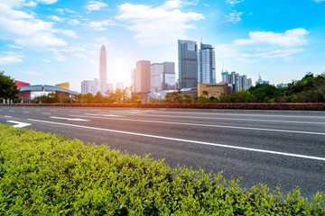 Road and skyline of urban architecture..