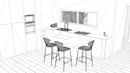 Blueprint project draft, minimalist white kitchen with dining table and parquet floor, oven sink and gas stove, ribbon window, modern flat, interior design concept idea, top view