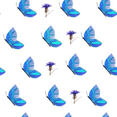 pattern of blue butterflies and flowers on a white background. watercolor illustration for design of fabrics, prints, cards.