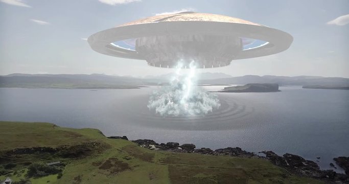 Alien Spaceship Hovering over sea sendig beam of laser light to the sea  Powerful Video Compositing simulates Real footage with visual effects elements of Alien ufo spaceship Hovering over isalnds and