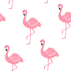 Vector seamless pattern with flamingos isolated on white backdrop. For wrapping paper, design poster, banner, print on clothes for children.