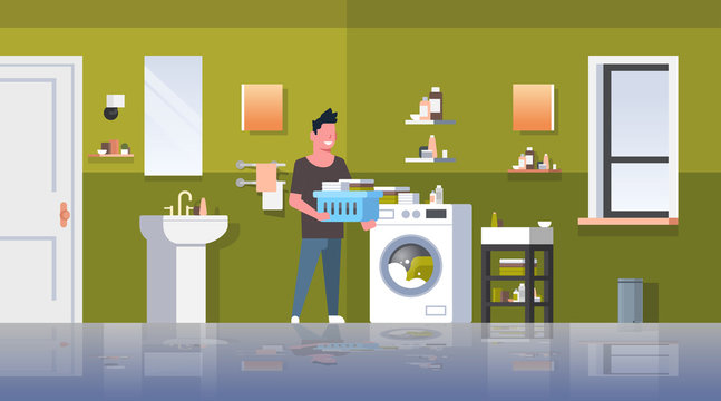 man with clothes basket standing near washing machine guy doing housework laundry room modern bathroom interior male cartoon character full length flat horizontal