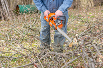 Worker using chain saw and cutting tree branches.