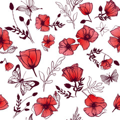 Seamless poppies and butterflies