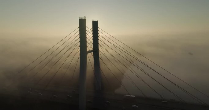 Drone footage of Siekierkowski bridge in Warsaw taken from the closer perspective.