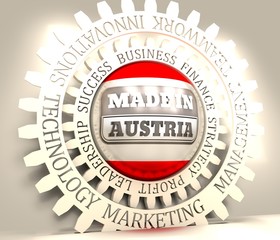 Stamp icon. Graphic design elements. 3D rendering. Made in Austria text. Business relative words on the gear