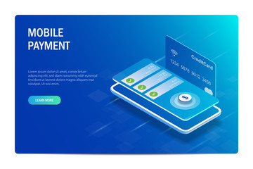 Mobile Payment Isometric Concept. Financial transactions through the mobile application. Mobile phone with pop-up notifications on the background of a bank card. Editable vector illustration.