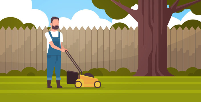 Man Gardener Cutting Green Grass With Lawn Mover Farmer Moving Garden Backyard Gardening Concept Flat Full Length Horizontal