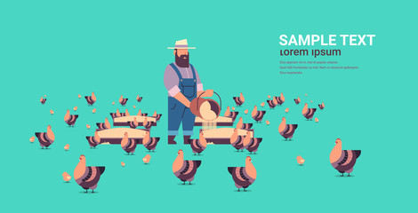 male farmer feeding chicken and rooster free range farming breeding hed for food poultry farm concept farmland flat full length horizontal copy space