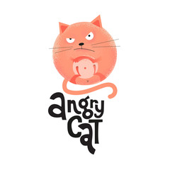 A round angry red cat is lying on its back with its paw crossed. Unique flat textured illustration in cartoon style with lettering qoute for social media, poster,greeting card, banner, textile, mug