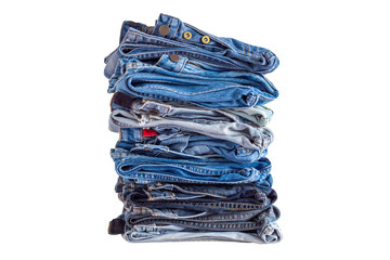 pile of denim blue jeans stack isolated on white background