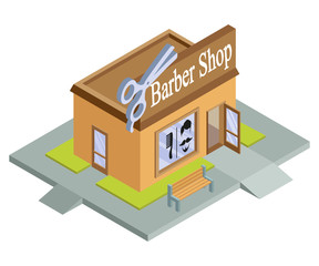 Vector isometric barbershop. Facade of barbershop isolated on white background. Barber house. Cuts hair building. Barbershop emblem. Vector graphics to design