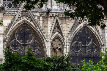 Detail of the facade of the Notre-Dame Cathedral in Paris.