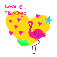 Illustration of pink flamingo with hearts, lips, starfish. For design poster, banner, print on clothes for boys or girls.