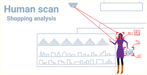 grocery shop woman customer identification facial recognition concept girl choosing fruits supermarket interior security camera surveillance cctv system sketch doodle horizontal