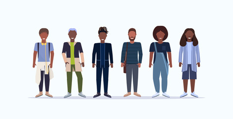 Fototapeta premium happy casual men standing together smiling african american guys with different hairstyles wearing trendy clothes male cartoon characters full length flat white background horizontal
