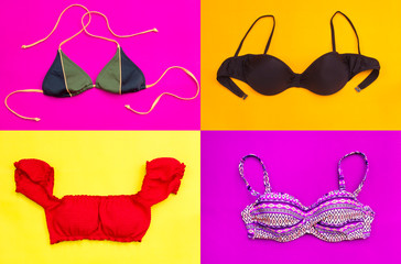 Set of swimsuits or bikini isolated on color background.