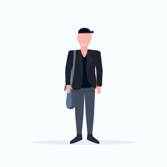 happy casual man standing pose smiling guy wearing trendy formal clothes holding handbag male cartoon character full length flat white background