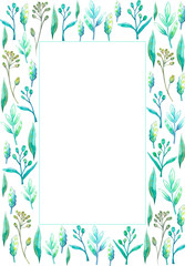 Fototapeta na wymiar Watercolor painted vertical rectangular frame with herbs. Botanical border with green branches and leaves. Perfect for invitations, greeting cards, prints, posters, packing