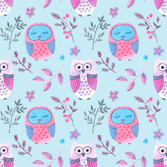 Seamless pattern with owls and flowers. Watercolor cartoon birds with red, violet, blue flowers and herbs. Hand drawn