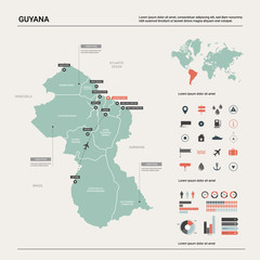 Vector map of Guyana.  High detailed country map with division, cities and capital Georgetown. Political map,  world map, infographic elements.