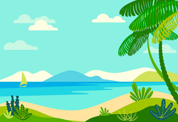Fototapeta na wymiar Vector illustration in trendy flat simple style - tropical background with copy space for text - landscape with beach, palm trees, plants - background for banner, greeting card, poster