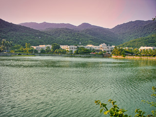 Mountain view with red sunset