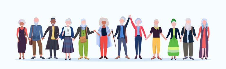 Fototapeta premium casual mature men women standing together smiling senior gray haired mix race people wearing trendy clothes male female cartoon characters full length flat white background horizontal