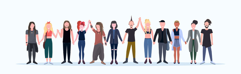 Obraz premium happy casual men women standing together smiling people with different hairstyles wearing trendy clothes male female cartoon characters full length flat white background horizontal