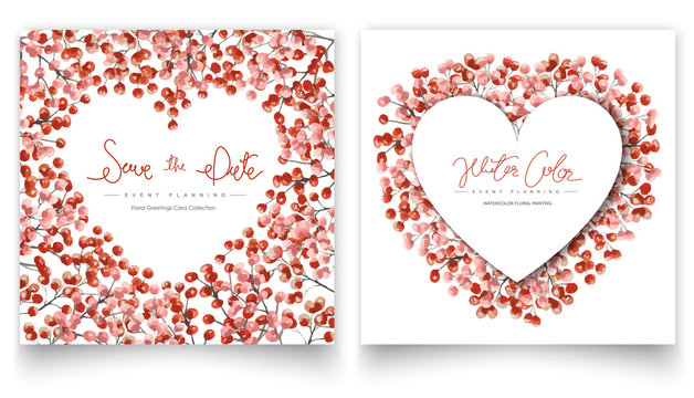 Set of red floral watercolor painting cards.