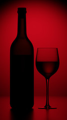 Elegant dark silhouettes of wine bottle and crystal glass with wine drink on red background 3d render