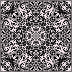 Bandana -  black and white design. Traditional ornamental ethnic pattern with paisley and flowers. Vector print square.