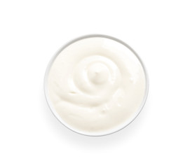 Bowl with creamy yogurt on white background, top view