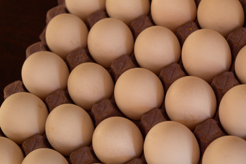 Many white chicken eggs on cardboard and with shadows