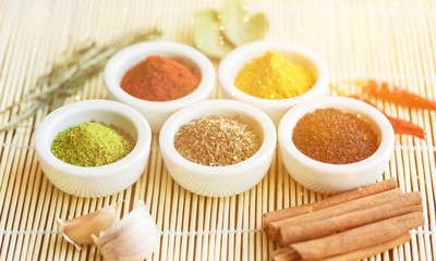 Spices and herbs in  bowls. Food and cuisine ingredients.
