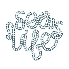 Two color. Quote lettering with sea rope. Print for kids t-shirt and sea style souvenirs. Isolated on white background. Travel theme