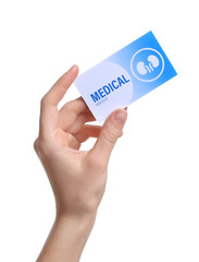Woman holding medical business card isolated on white, closeup. Nephrology service
