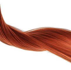 Fototapeta premium Beautiful red hair on white background, top view. Hairdresser service