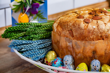 Easter Cake - Russian and Ukrainian Traditional Kulich, Paska Easter Bread. Selective focus.